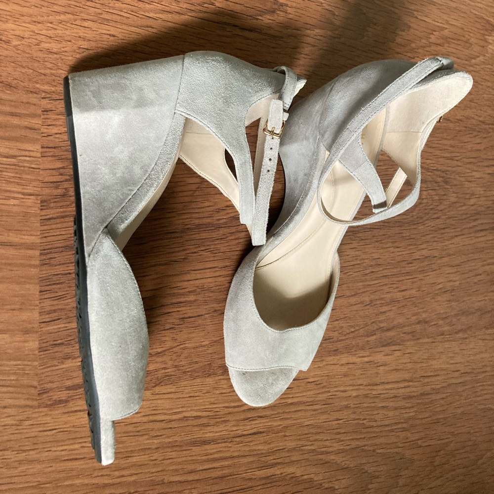Cole Haan Grey Suede Peep Toe Wedge Heels with Wrap Ankle Strap - womens 9